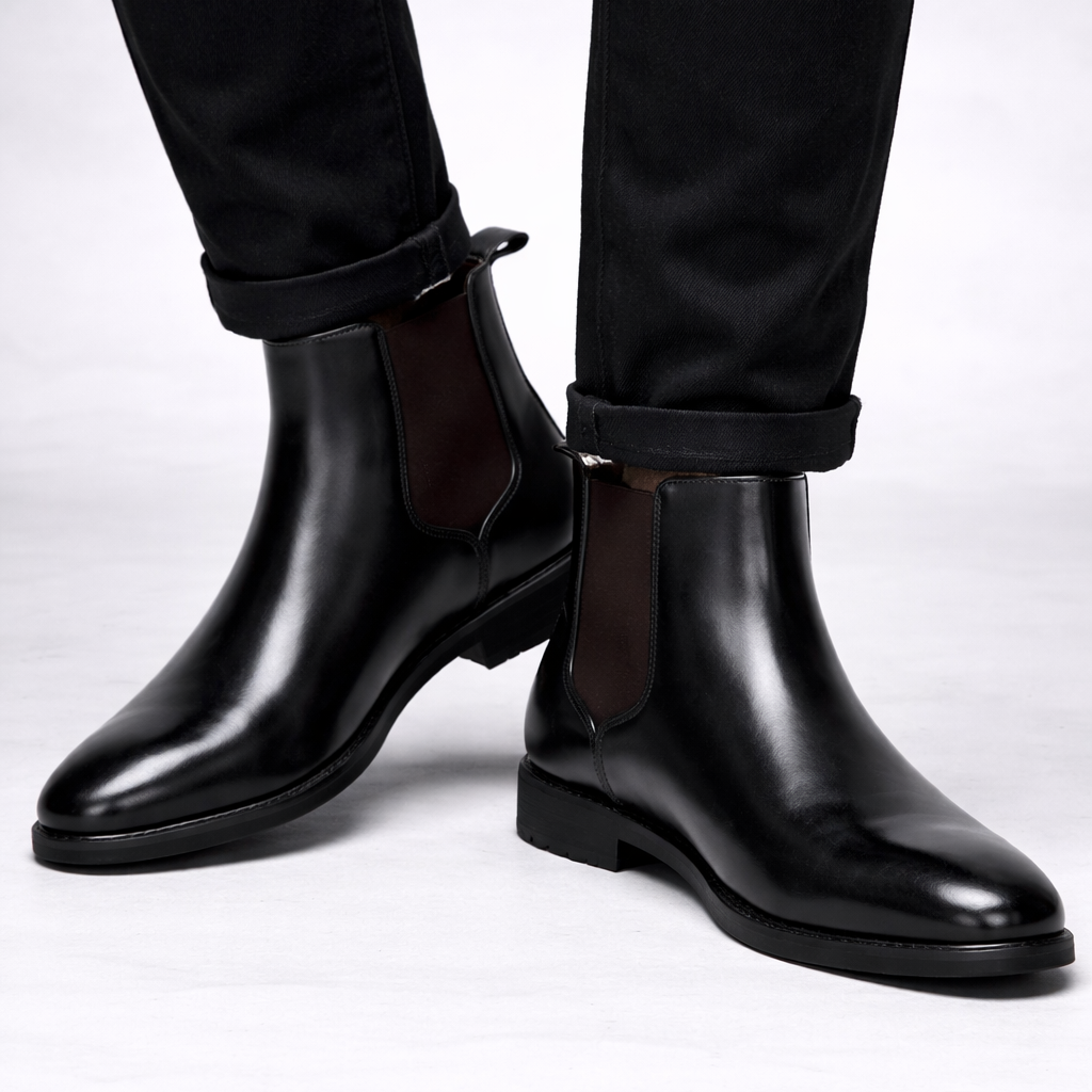 Black leather boots worn with black pants on a white background