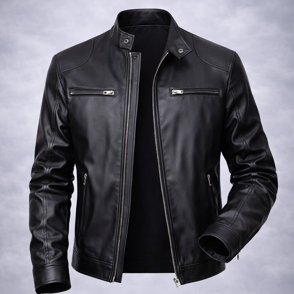 Black leather jacket on a gray background
