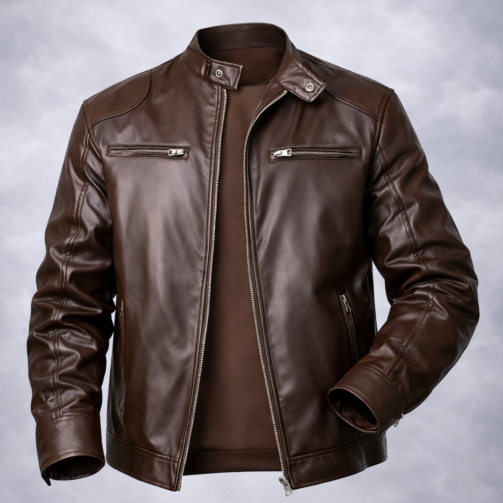 Brown leather jacket on a wooden surface with a gray background