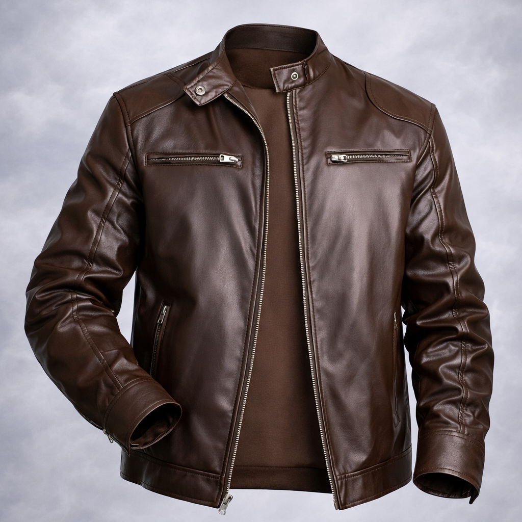 Brown leather jacket on a gray background