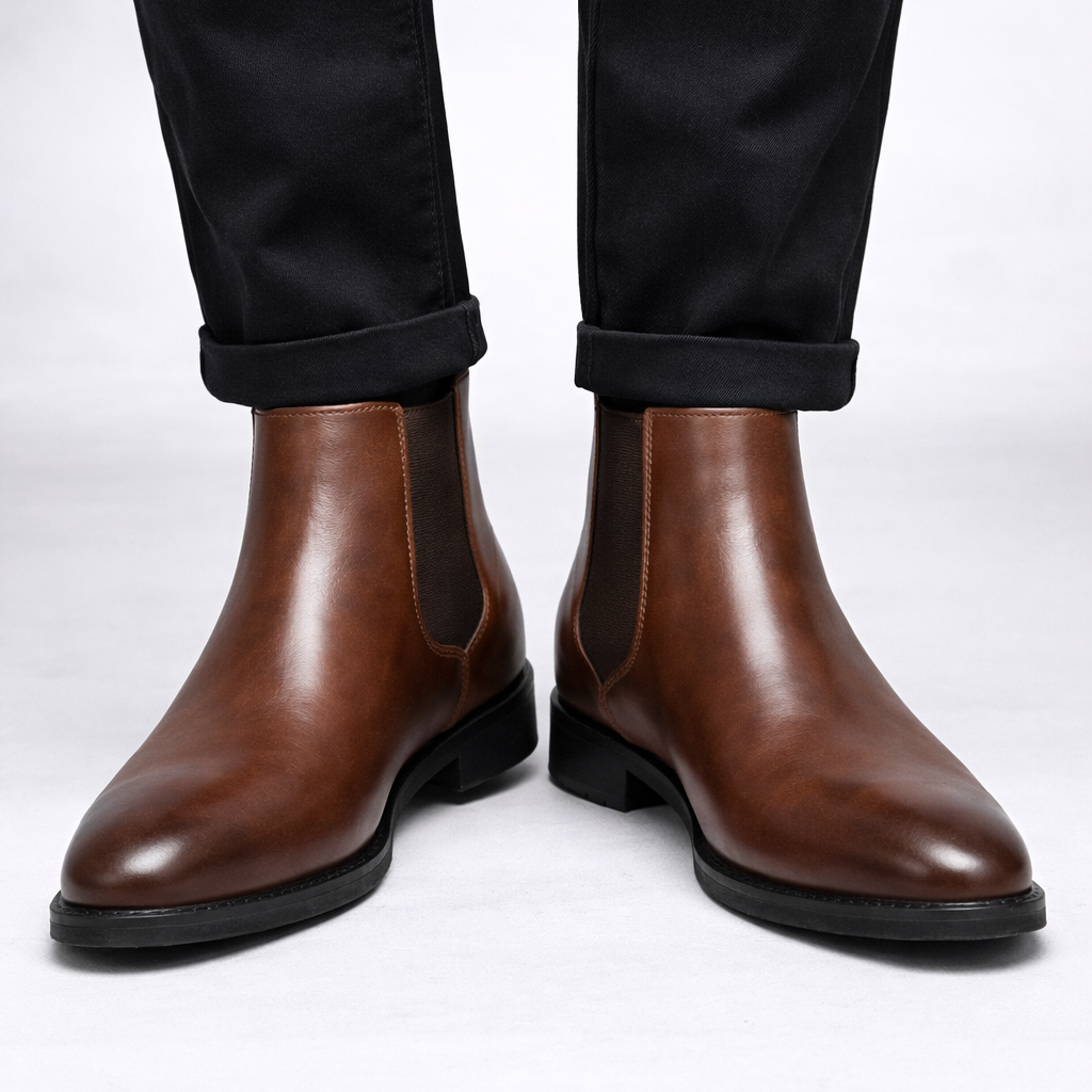 Brown leather Chelsea boots worn with black pants on a white background
