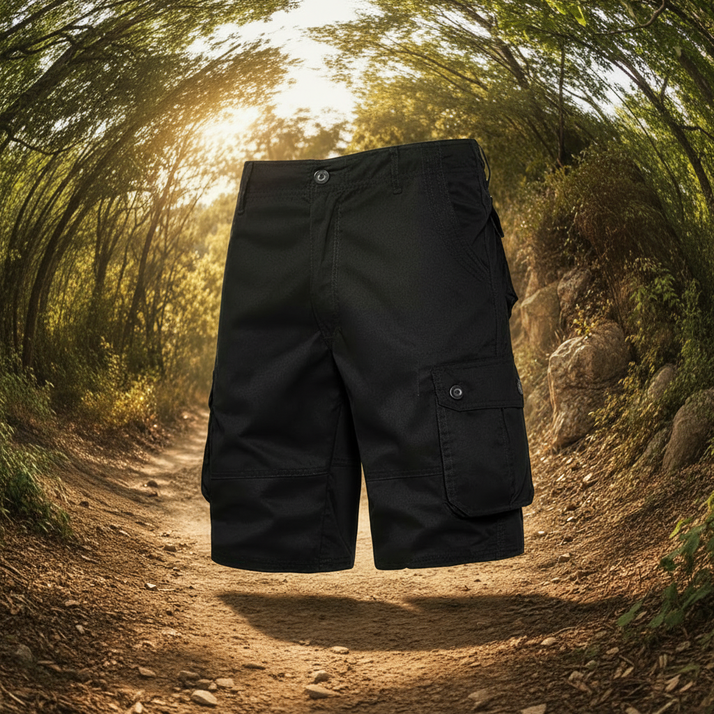Black cargo shorts on a dirt path with trees in the background