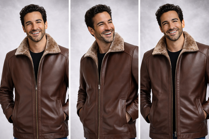 Man wearing a brown leather jacket with fur collar in three different poses on a gray background
