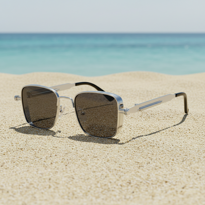 Silver-framed eyeglasses on a reflective black surface with a dark background
