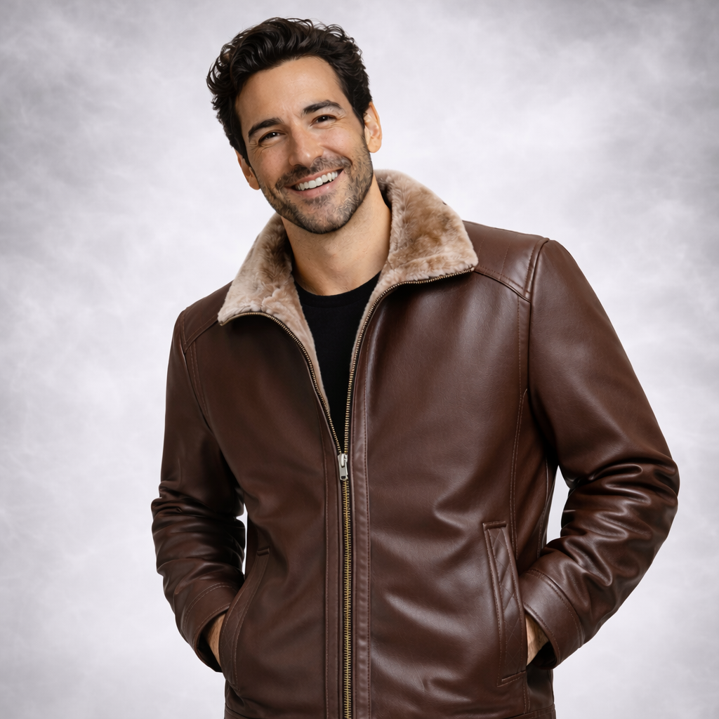 Man wearing a brown leather jacket with fur collar on a gray background