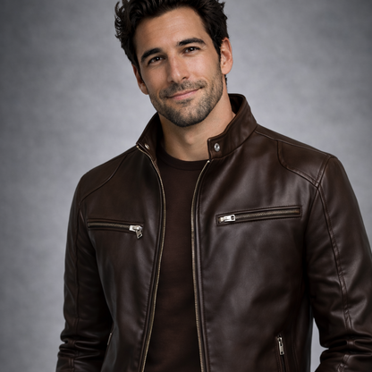Man wearing a brown leather jacket against a gray background