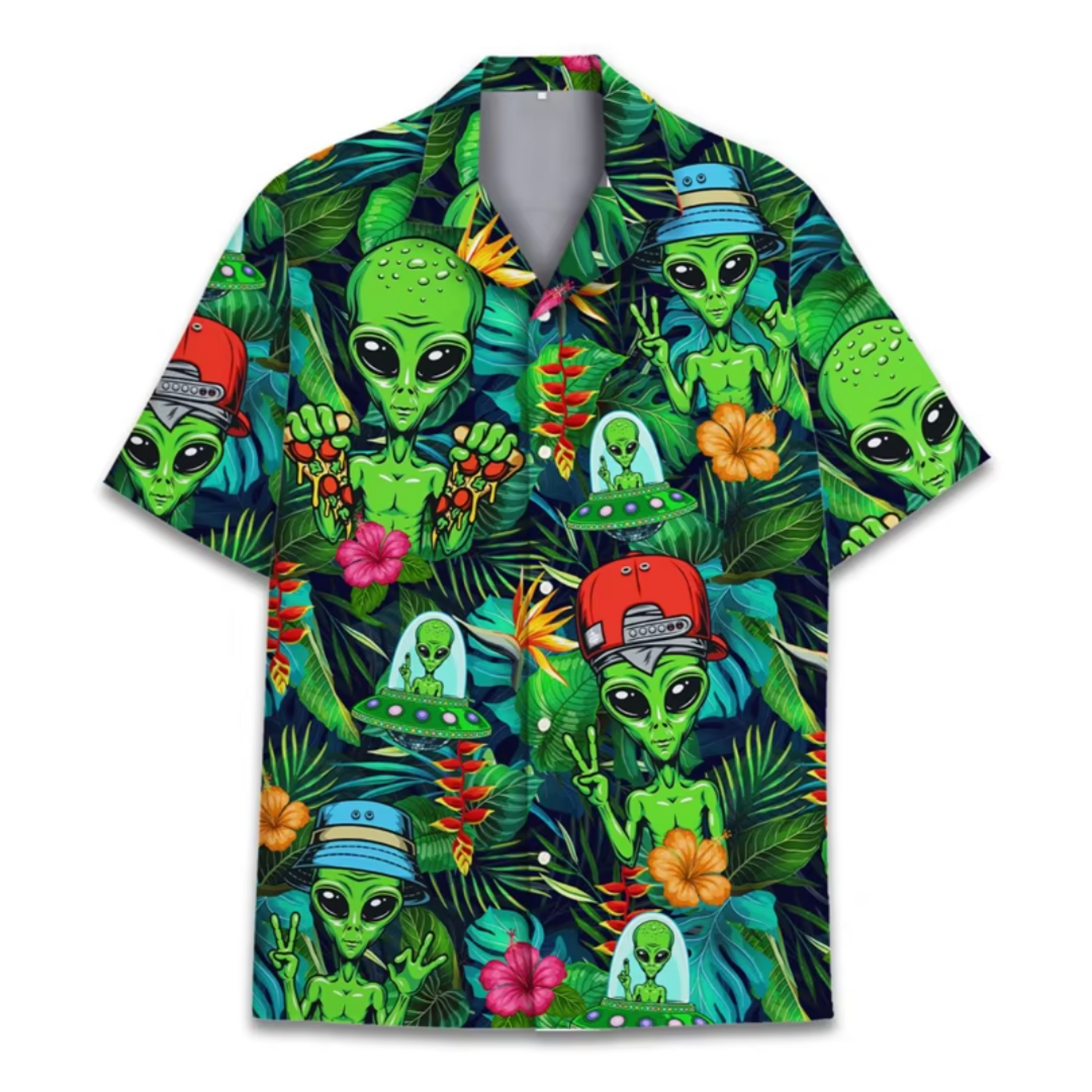 Hawaiian shirt with green aliens and tropical plants on a white background