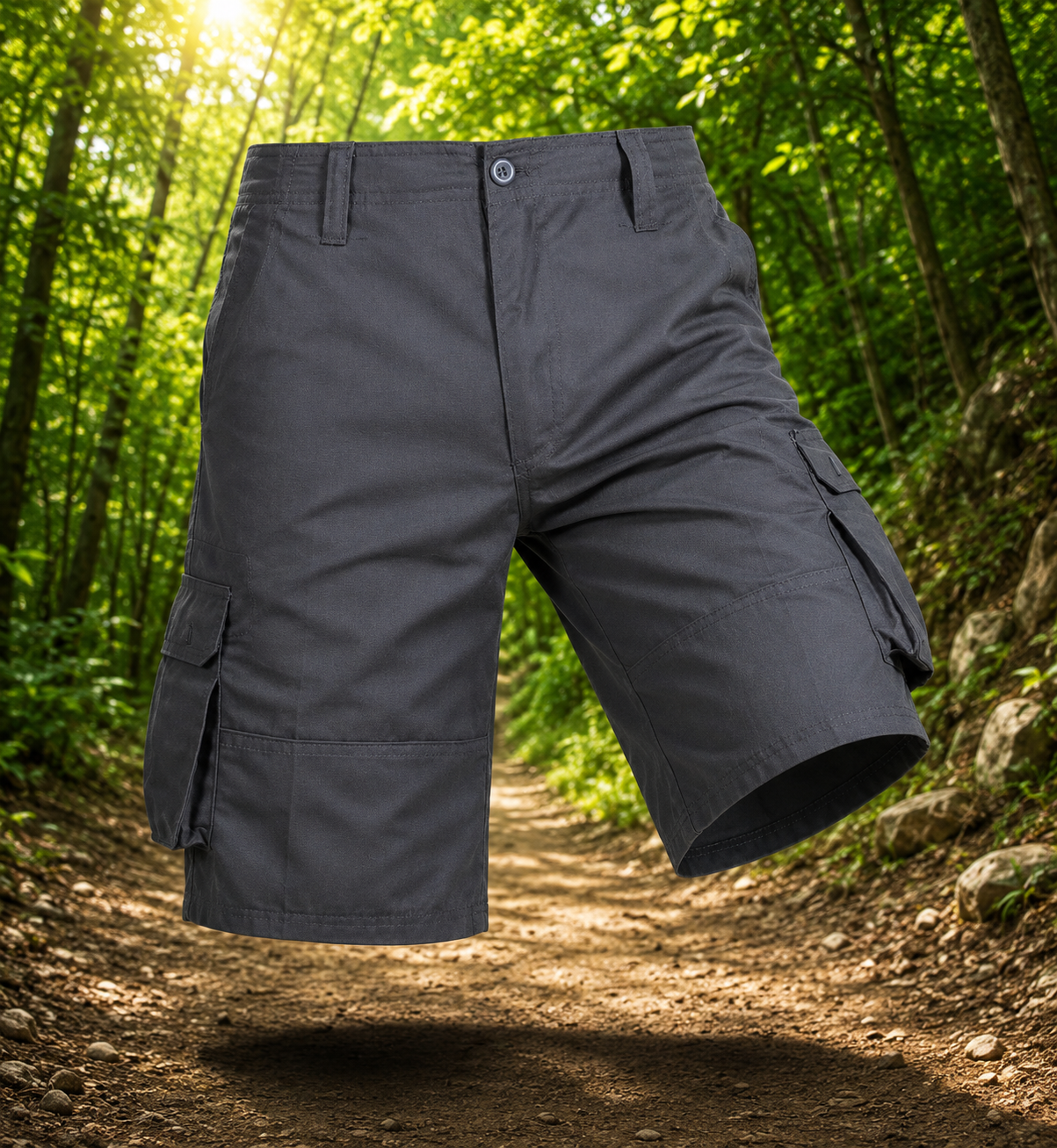 Gray cargo shorts floating in a forest setting
