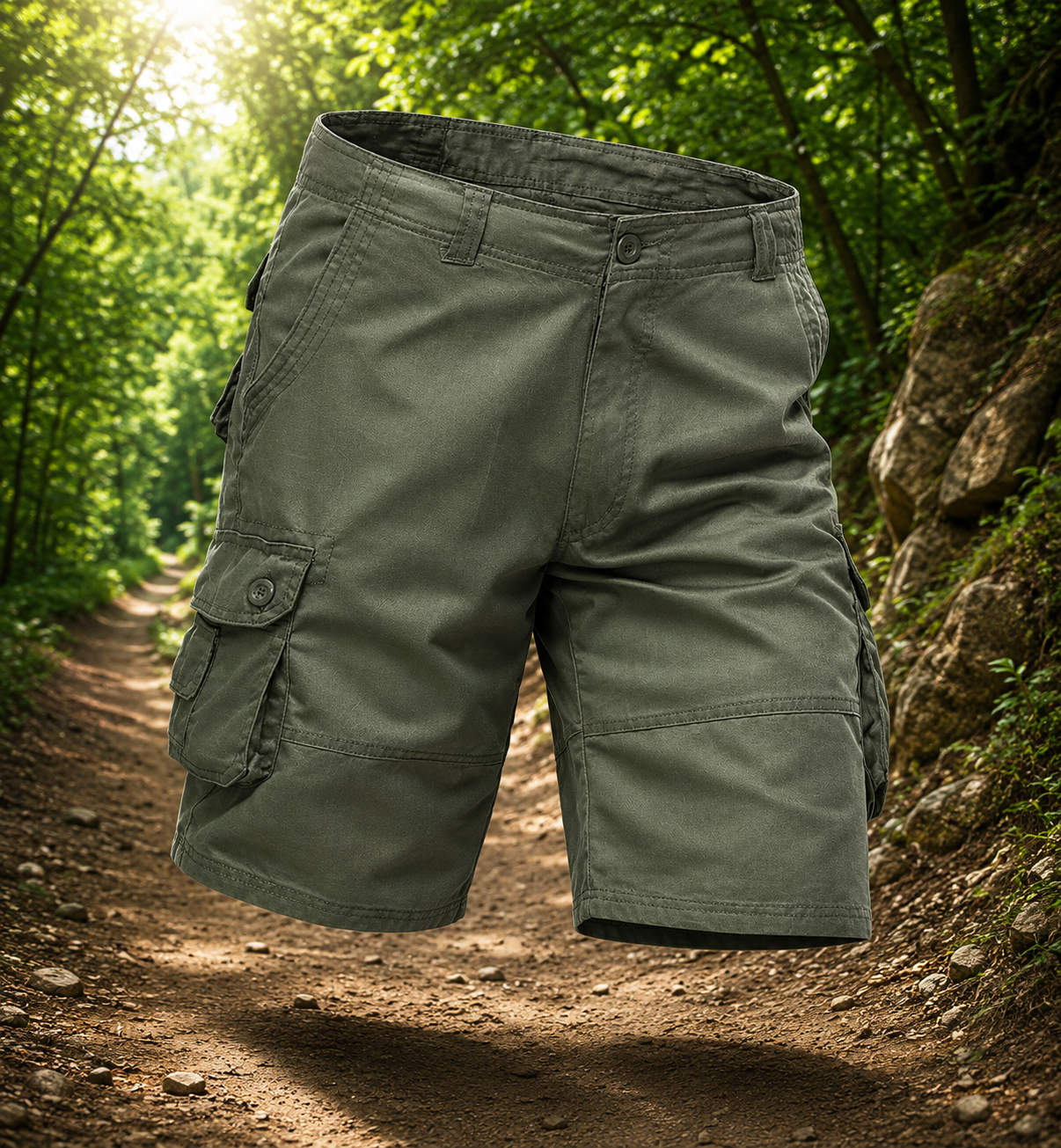 Green cargo shorts on a forest path with sunlight filtering through the trees.