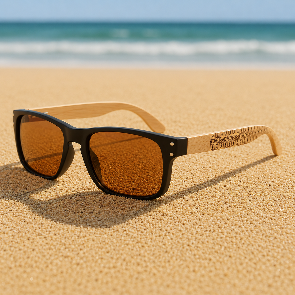 Sunglasses with wooden frame and brown lenses on a sandy beach with ocean in the background