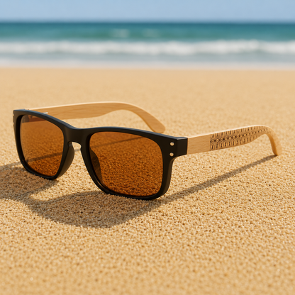 Sunglasses with wooden frame and brown lenses on a sandy beach with ocean in the background