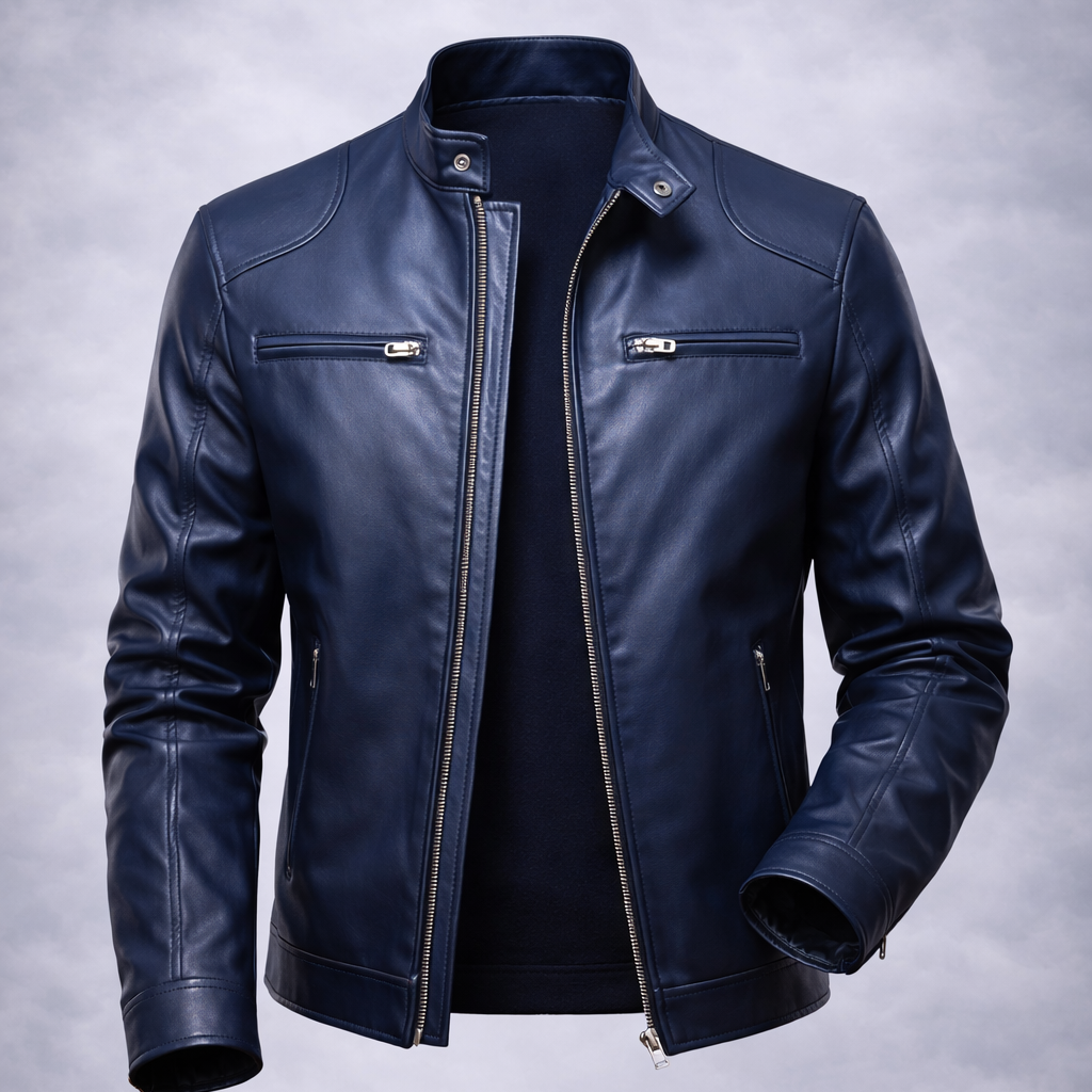 Blue leather jacket on a wooden surface with a gray background
