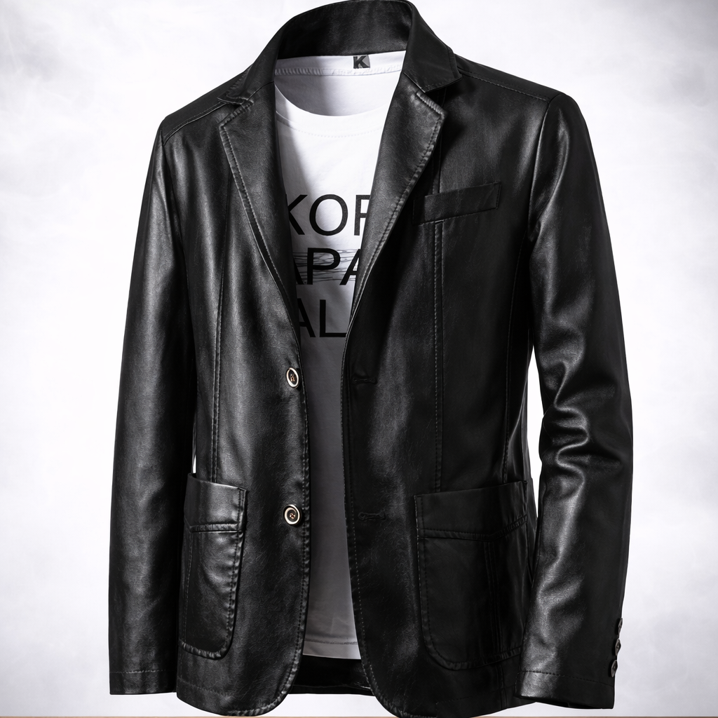 Black leather jacket on a wooden surface with a white background