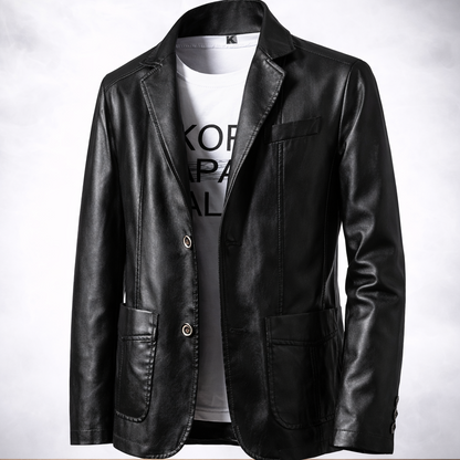 Black leather jacket on a wooden surface with a white background