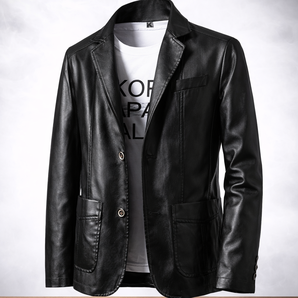 Black leather jacket on a wooden surface with a white background