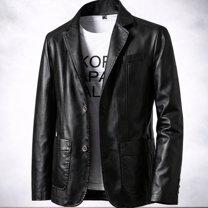 Black leather jacket on a wooden surface with a white background