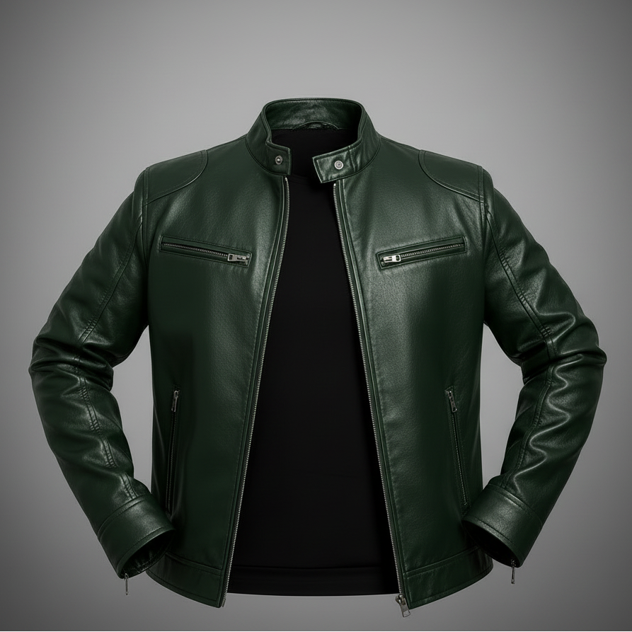 A dark green leather jacket with a stand collar, silver-tone zippers, and zippered chest pockets, shown worn over a black shirt against a gray gradient background.
