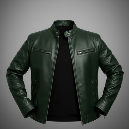 A dark green leather jacket with a stand collar, silver-tone zippers, and zippered chest pockets, shown worn over a black shirt against a gray gradient background.