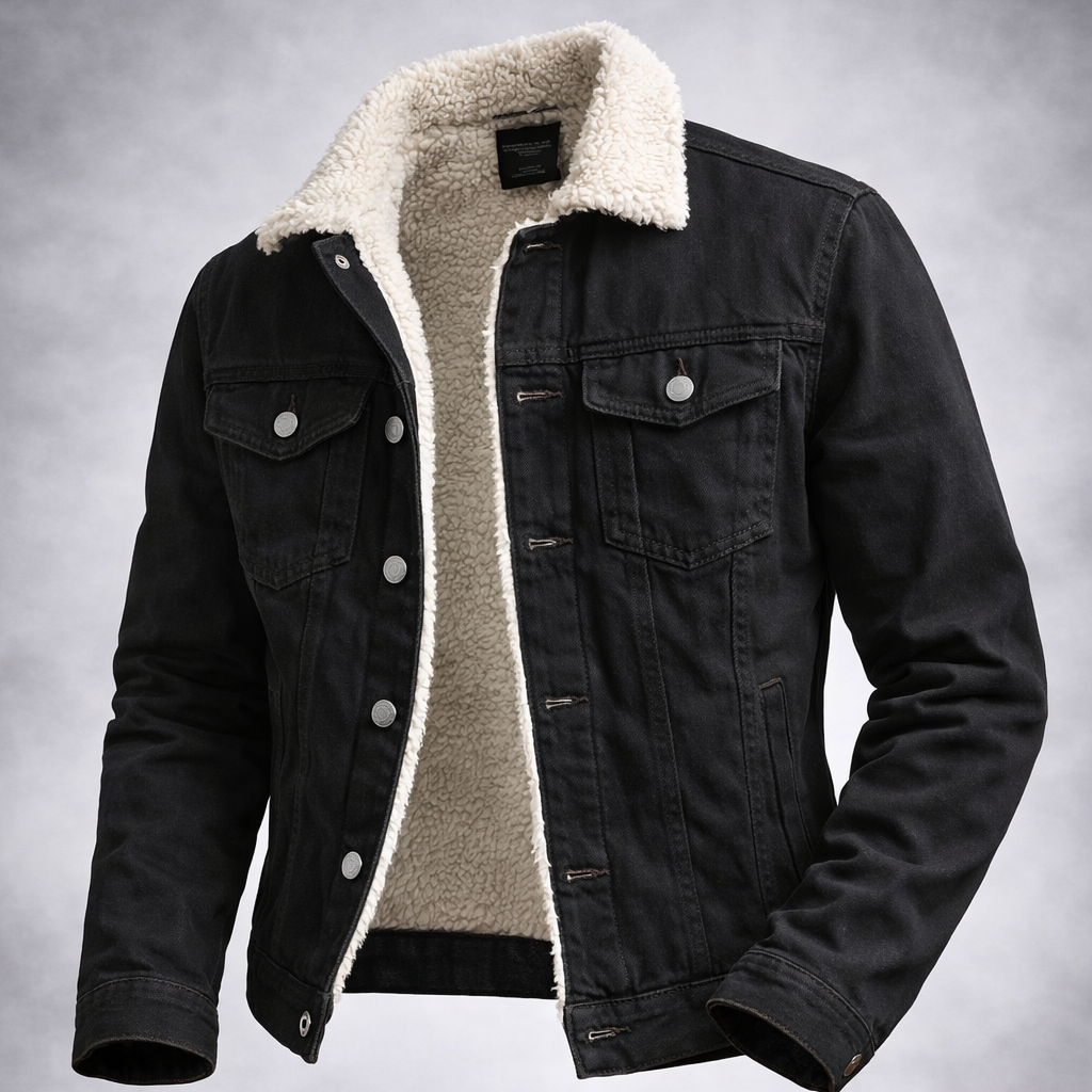 Black denim jacket with beige sherpa lining on a gray background