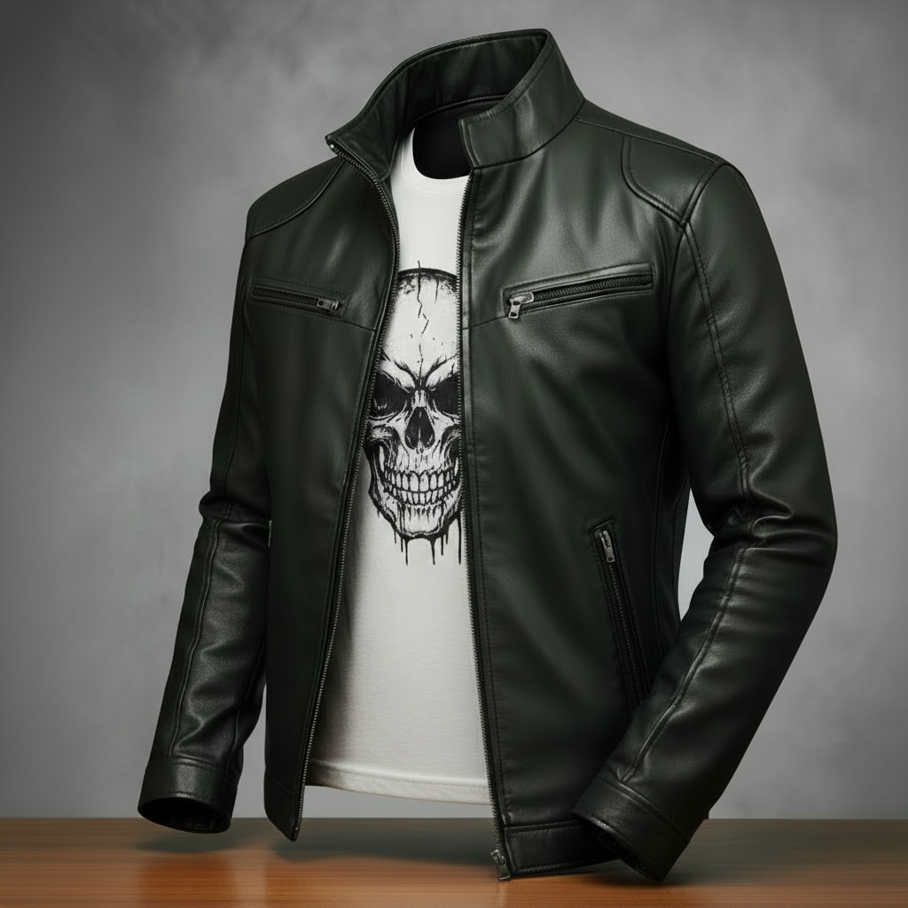 Black leather jacket on a wooden surface with a gray background