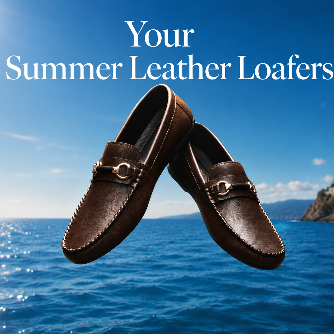 Brown leather loafers with metal buckles against a blue sky and ocean background.