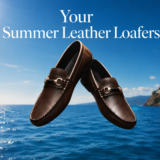 Brown leather loafers with metal buckles against a blue sky and ocean background.