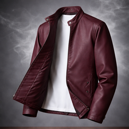 Maroon leather jacket on a white shirt against a gray background