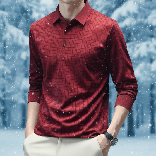 Red patterned shirt worn by a person with a snowy background