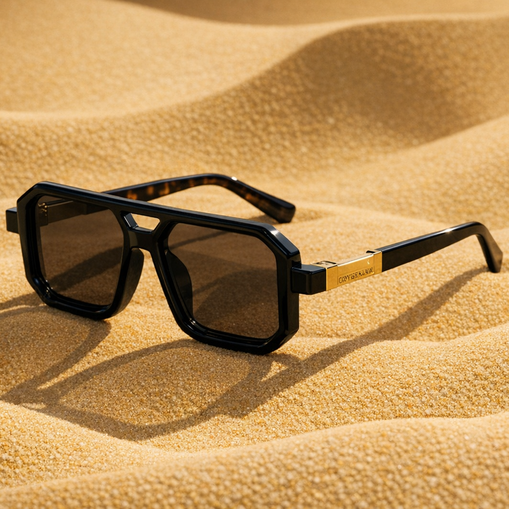 Black sunglasses on a sand dune