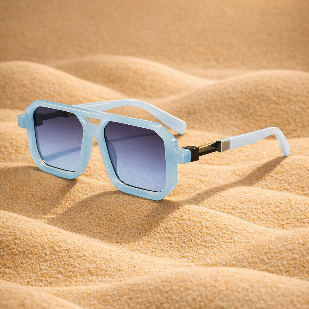 Blue sunglasses on a sand dune