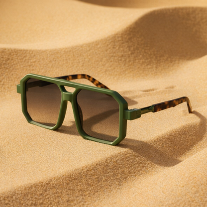 Green sunglasses with tortoiseshell arms on a sand dune
