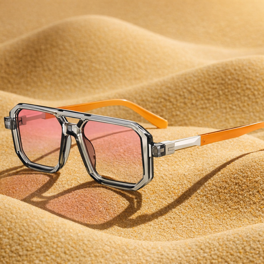 Sunglasses with orange frame and pink lenses on sand