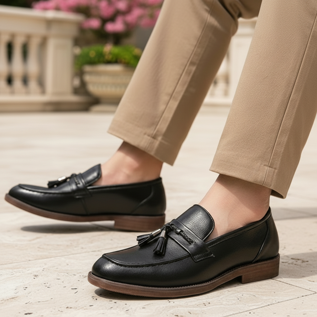 Black loafers with tassels worn on a wooden floor
