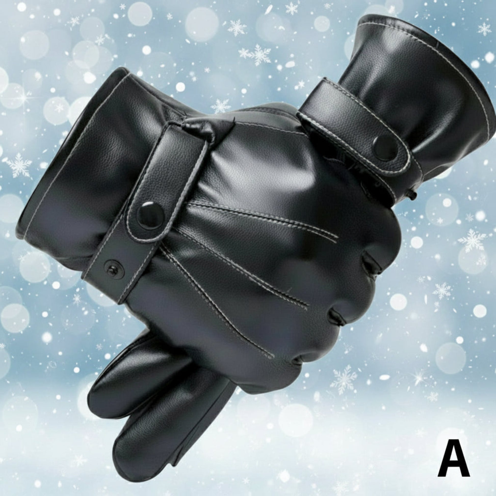 Black leather gloves with a buckle on a white background