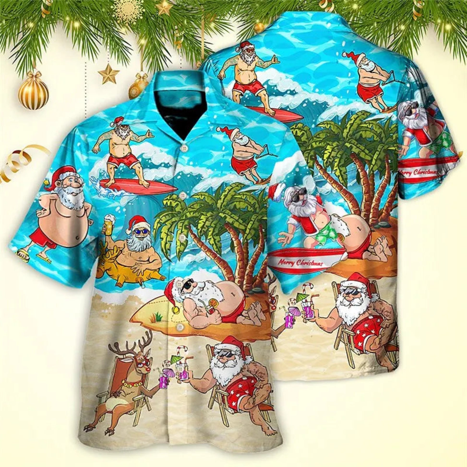 Hawaiian shirt with Christmas-themed design featuring Santa Claus on a beach.