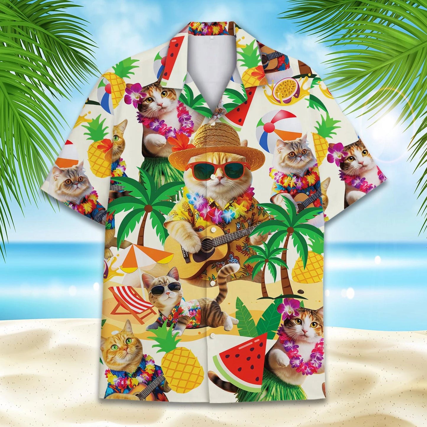 Hawaiian shirt with cat-themed design on a beach background
