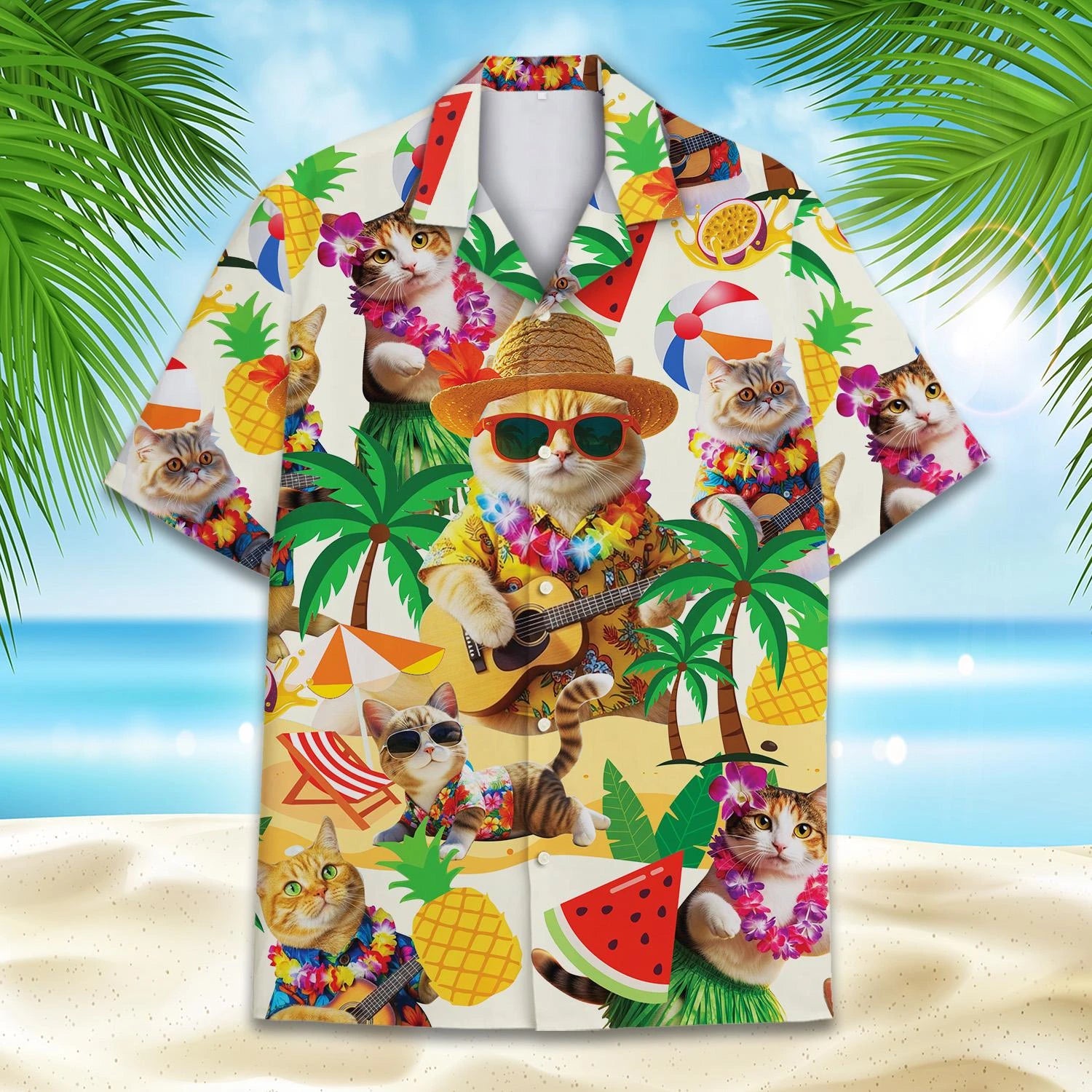 Hawaiian shirt with cat-themed design on a beach background