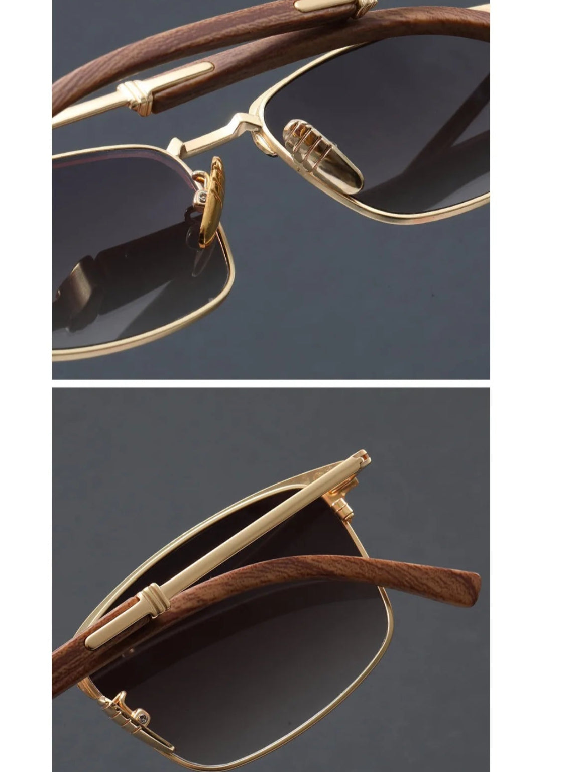 Sunglasses with gold frame and brown leather arms on a dark background