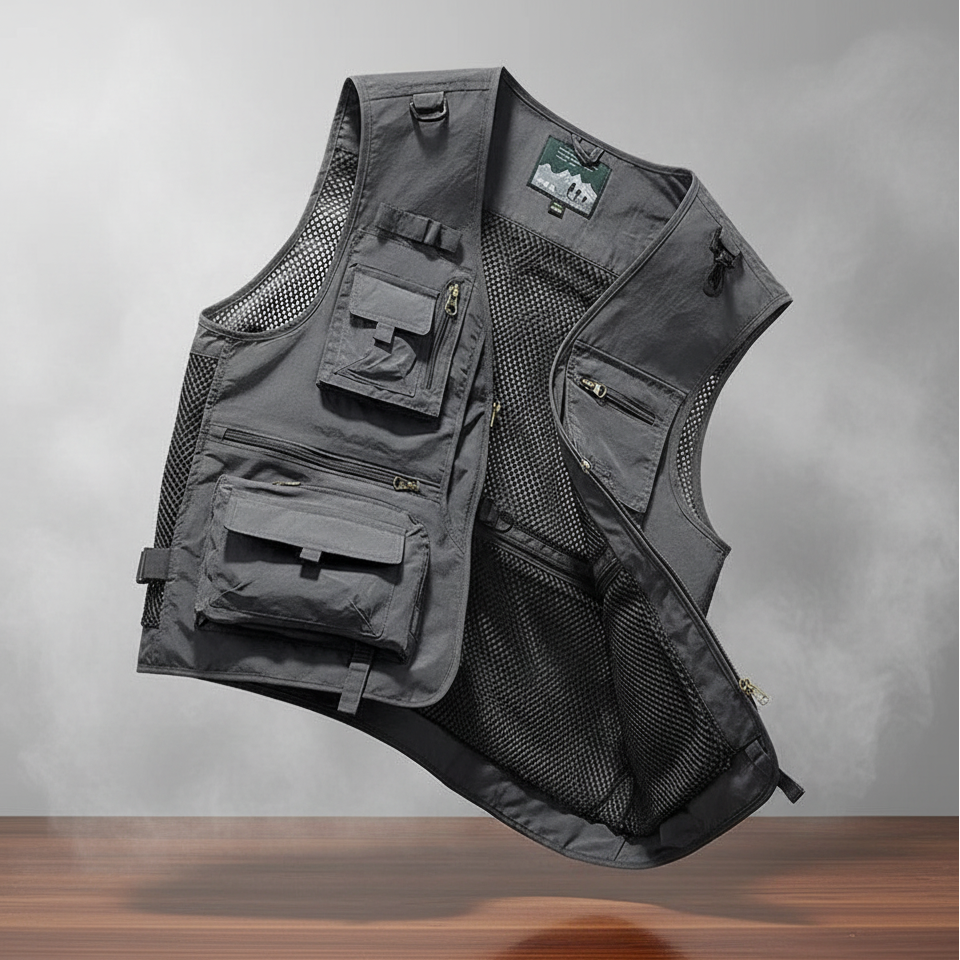 Gray tactical vest with multiple pockets on a gray background