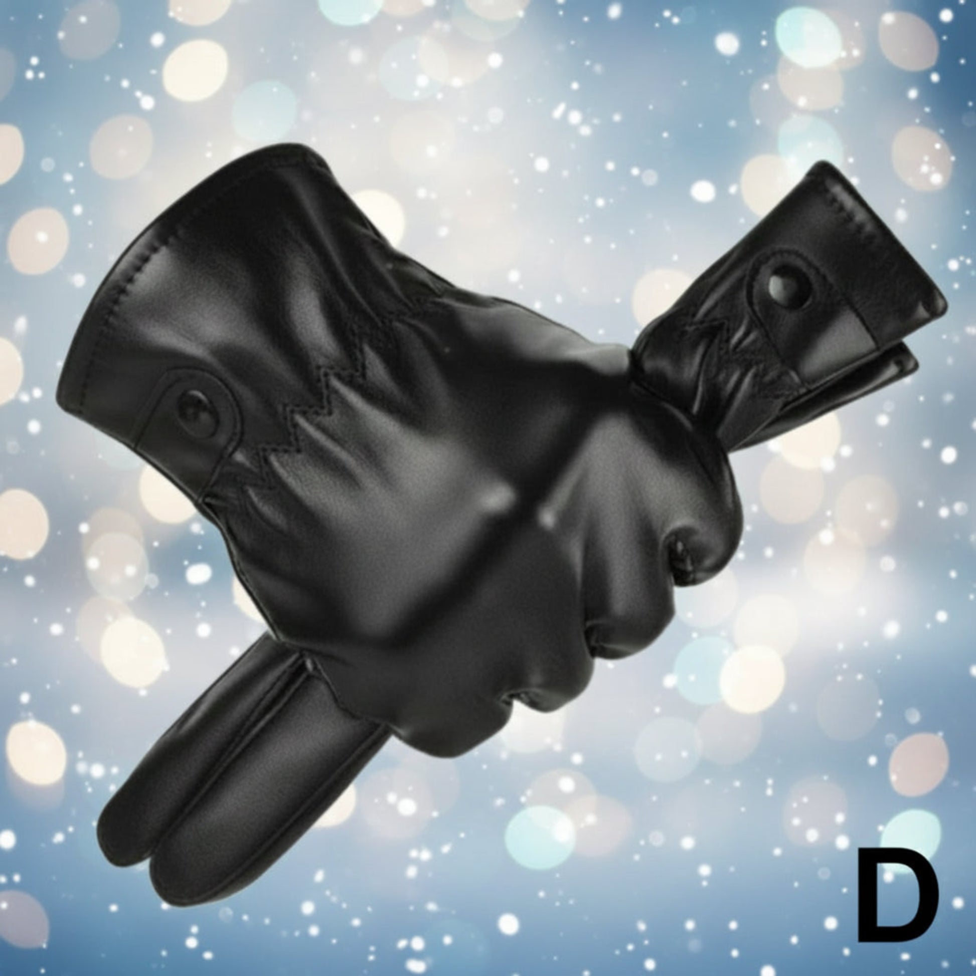 Black leather glove on a beige background with a red letter 'D'.