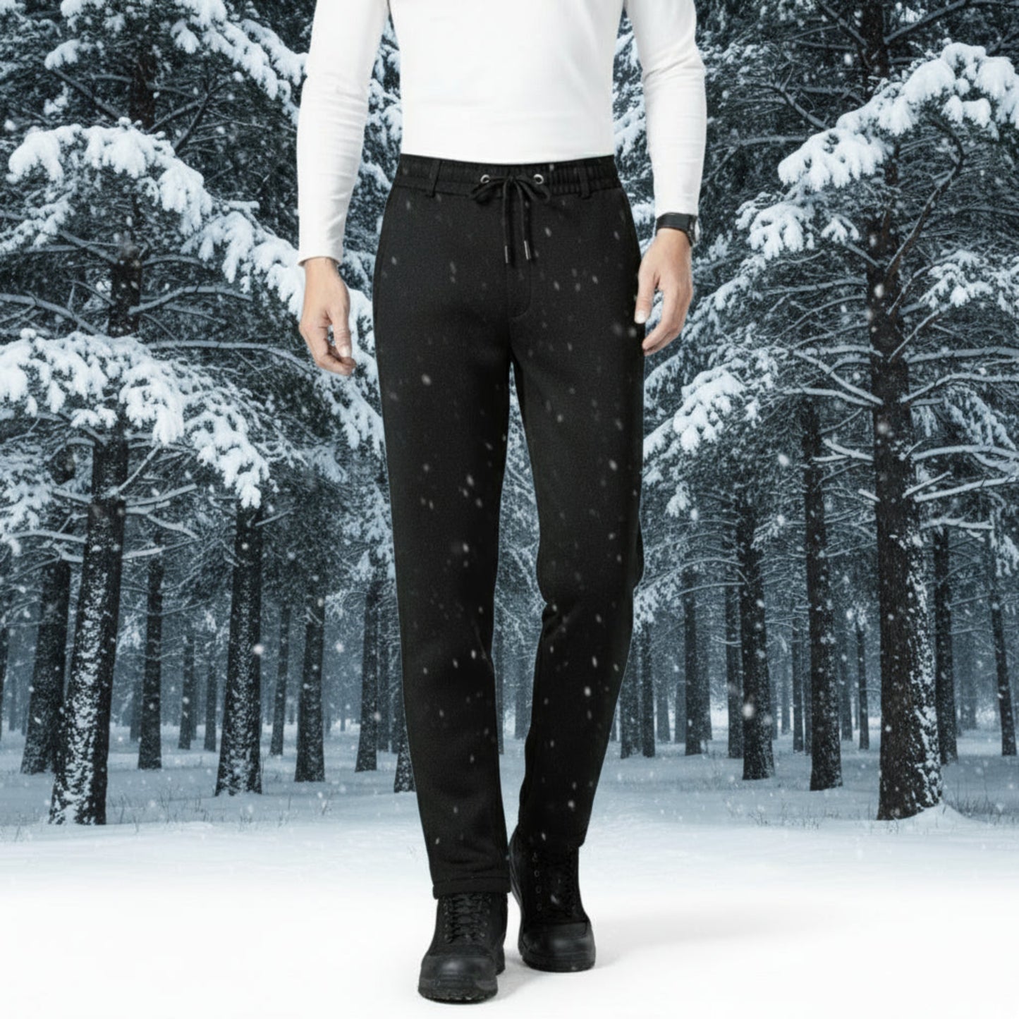 Person wearing black pants standing in a snowy forest