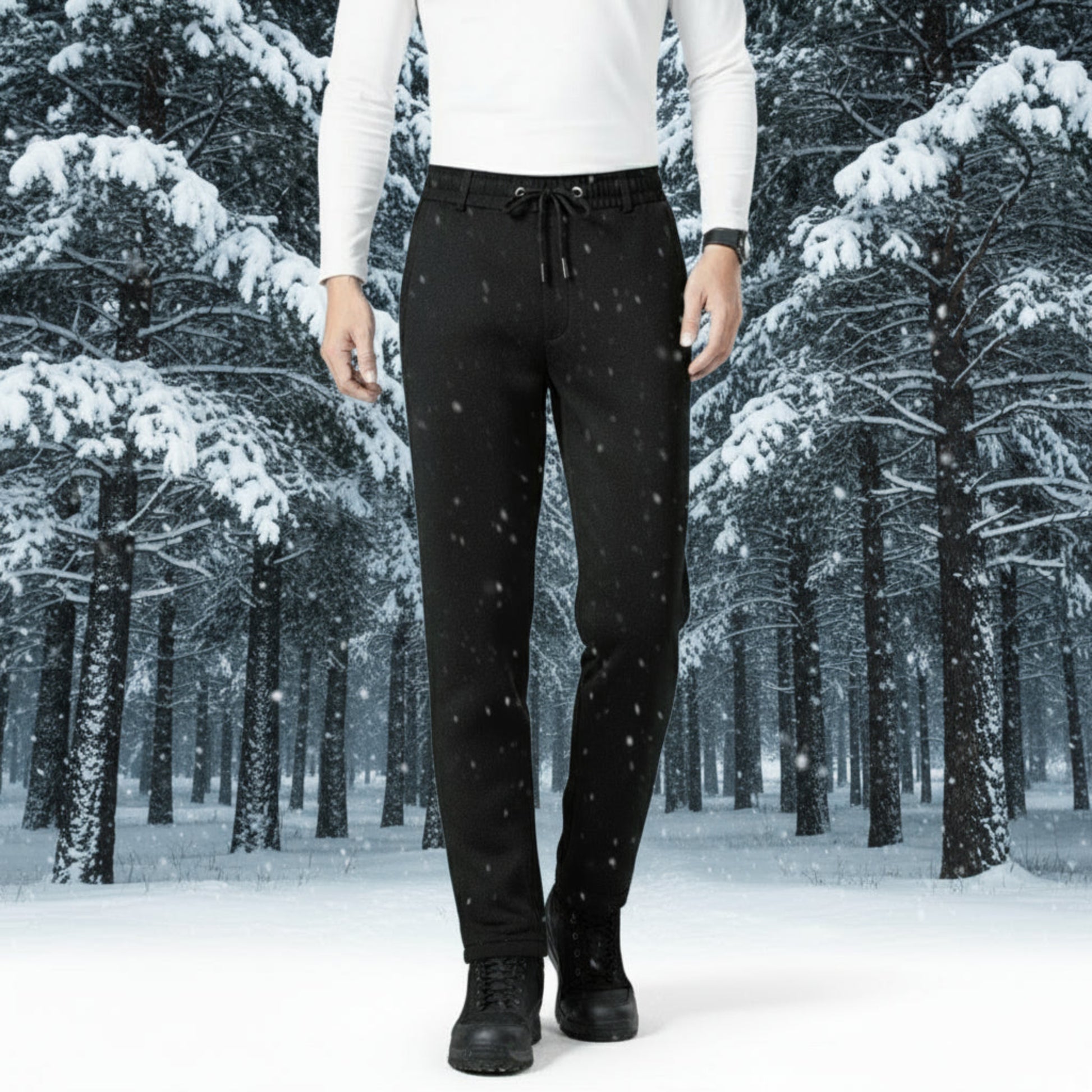 Person wearing black pants standing in a snowy forest