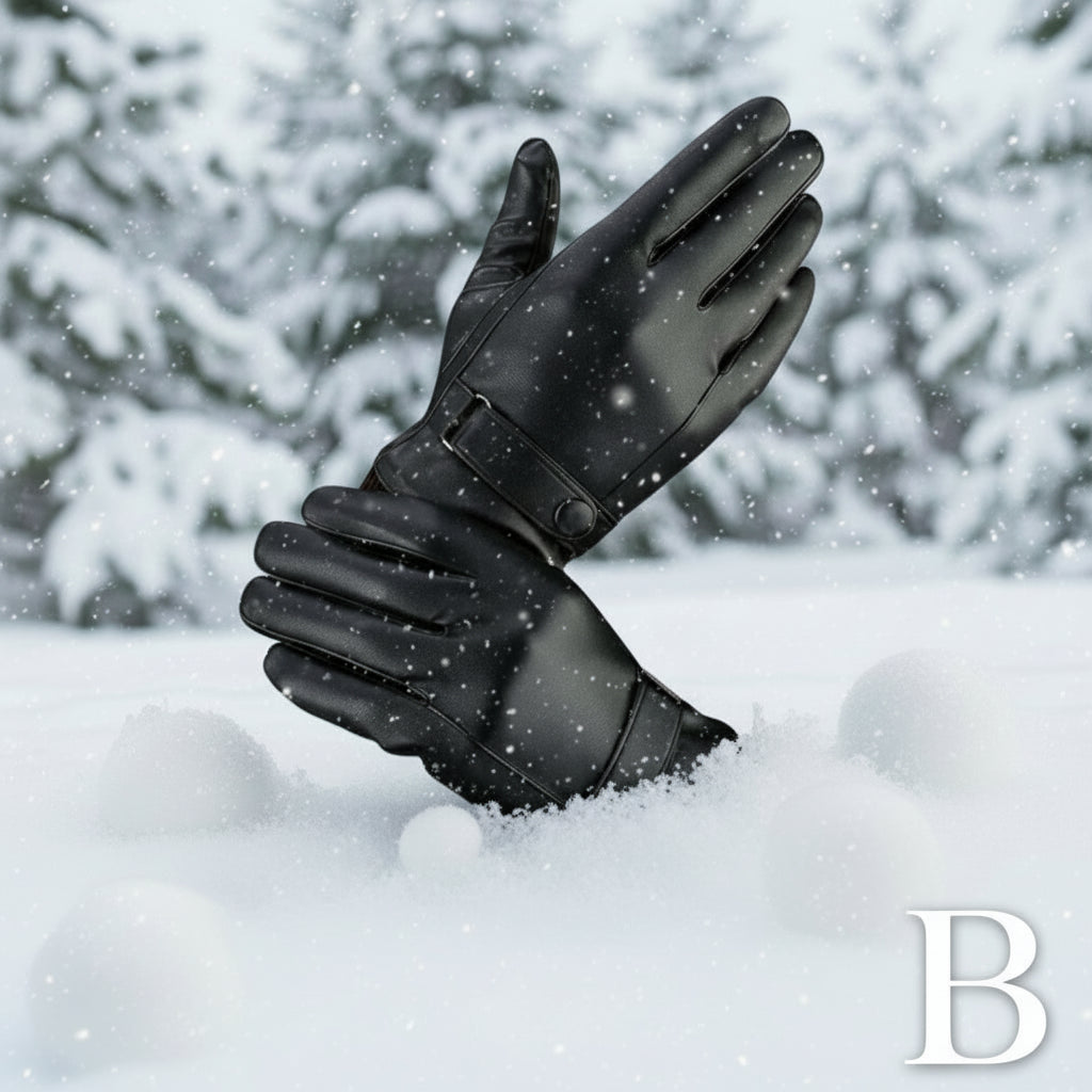 Black leather gloves with a buckle on a light gray background