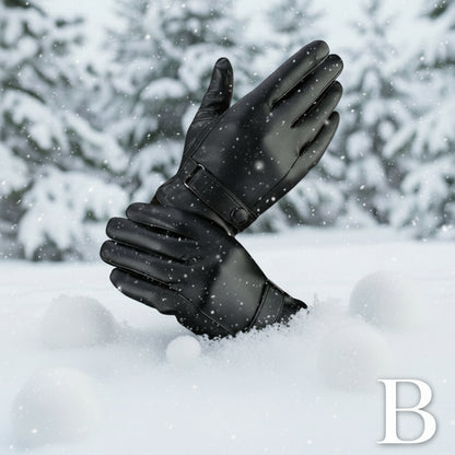 Black leather gloves with a buckle on a light gray background