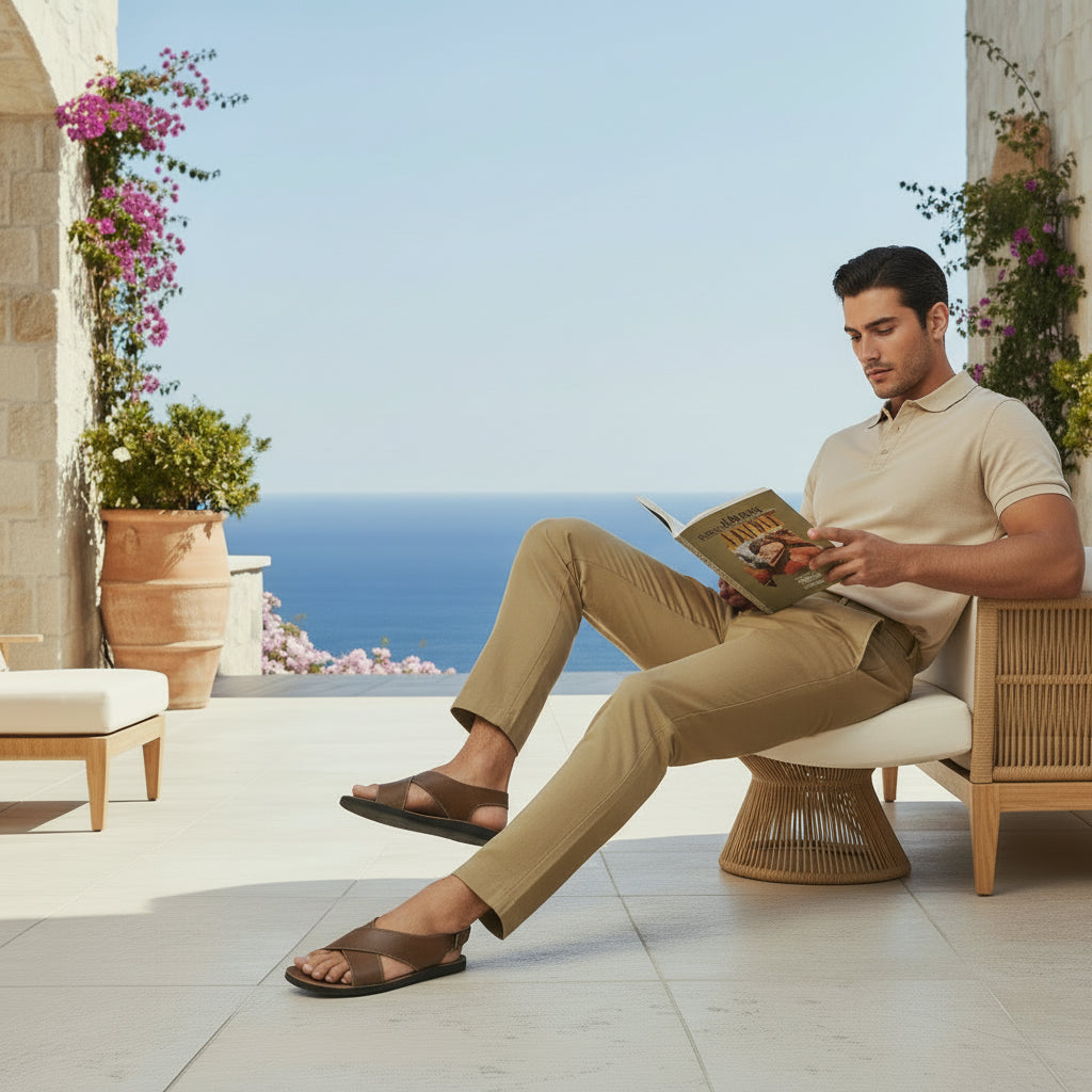 Brown sandals worn by a person sitting on a chair with a wooden background.