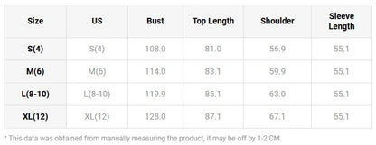 Measurement chart for clothing sizes S to XL with dimensions in centimeters.