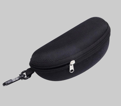 Black zippered case on a white background