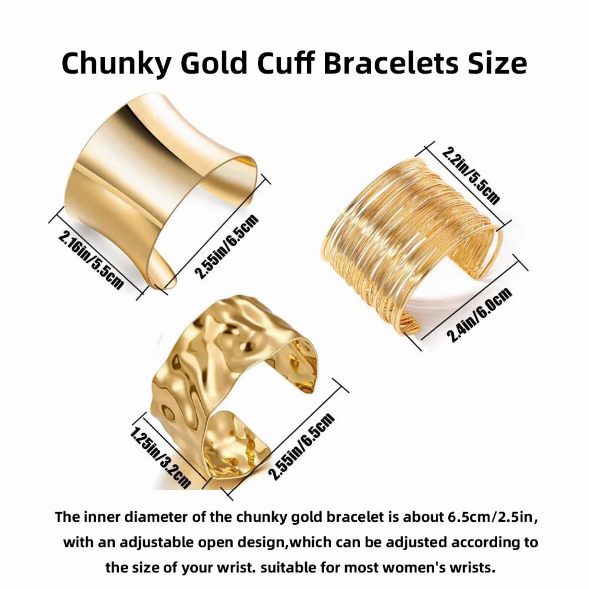Three gold cuff bracelets with measurements on a white background