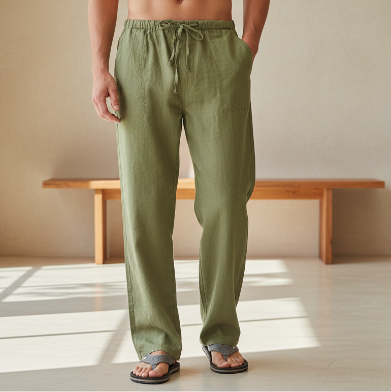 Green pants worn by a person on a white background