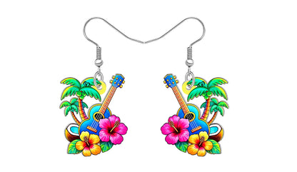 Colorful earrings with guitar, palm trees, and flowers on a white background